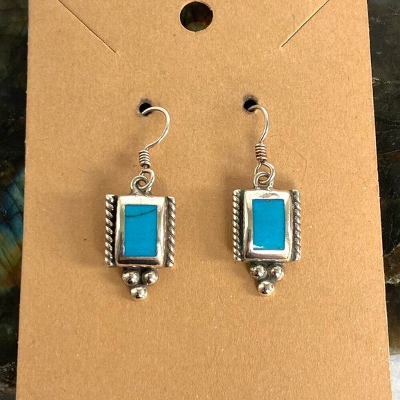 Sterling Silver 925 Mexico Rectangular Inlay Turquoise Inlay Dangle Earrings - Picture 1 of 16